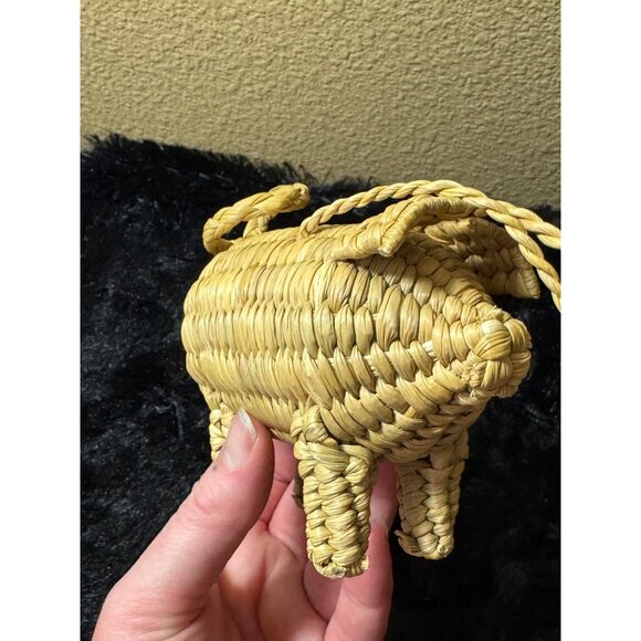 Vintage Handwoven Straw Pig-Shaped Ornament With Braided Loop For Hanging - Picture 8 of 9